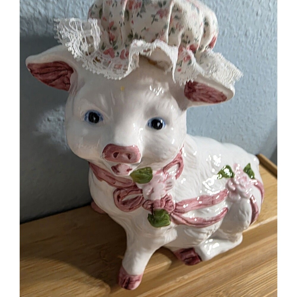 Country Style Piggy Bank Ceramic Ribbons Roses Bows Fabric Hat Coin Bank 5"